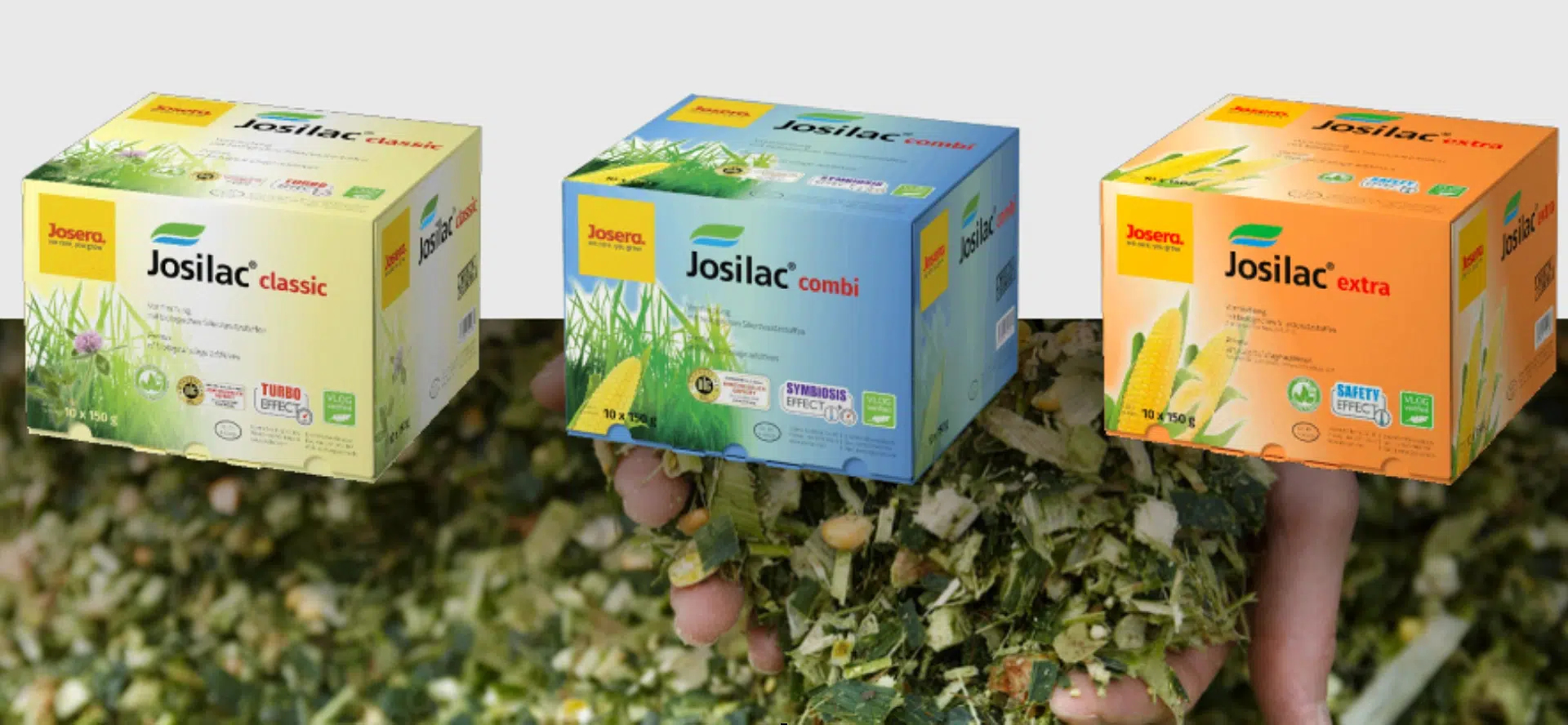 Produits Josilac pour conservation des fourrages | TERRE H2O Boîtes Josilac classic, combi et extra sur fond de fourrage.